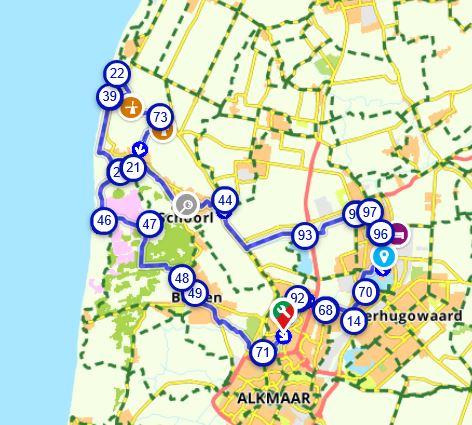 Fietsroute Alkmaar, Camperduin en Schoorldam op de map
